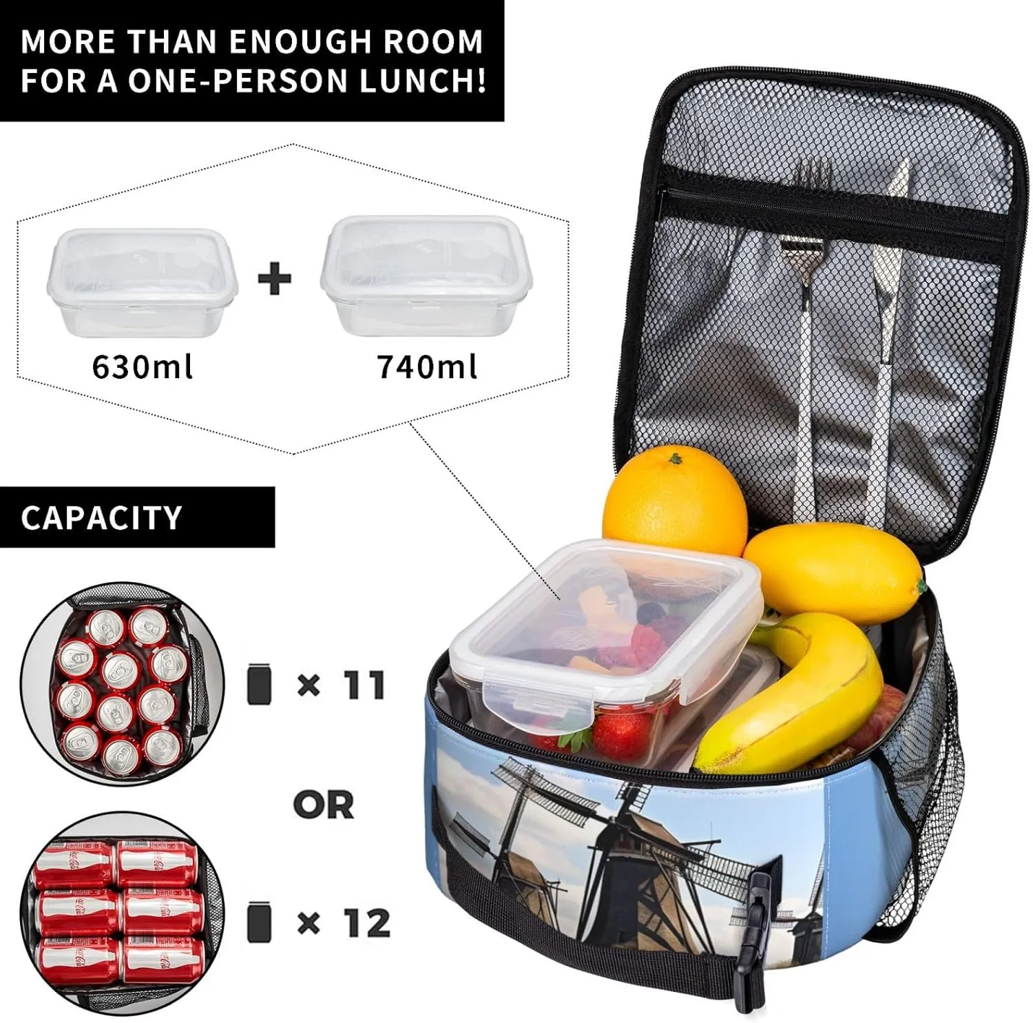 Lunch Bag Lunch Box For Women Men Reusable Insulated Lunch Tote Bag Windmills Leakproof Cooler Bag Portable Cooler Lunch Container For Picnic Travel