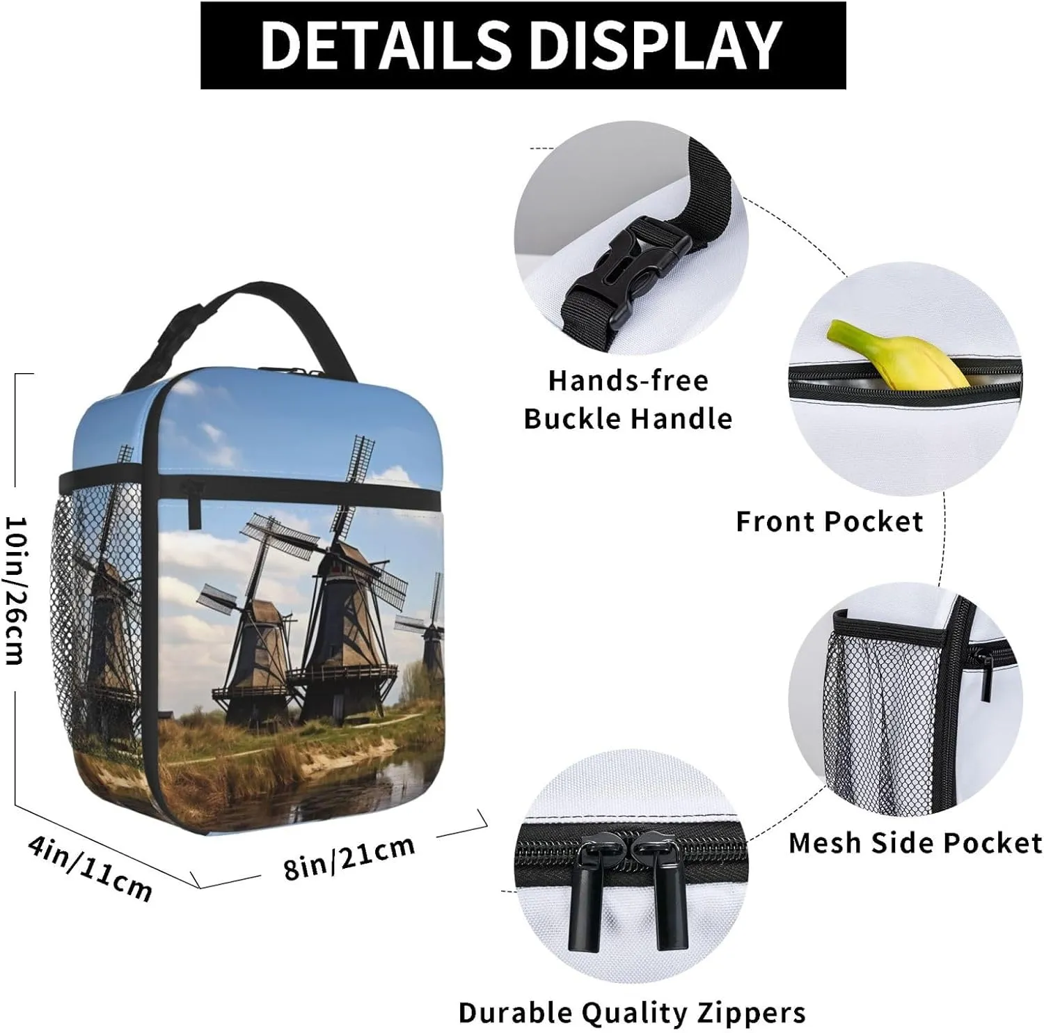 Lunch Bag Lunch Box For Women Men Reusable Insulated Lunch Tote Bag Windmills Leakproof Cooler Bag Portable Cooler Lunch Container For Picnic Travel
