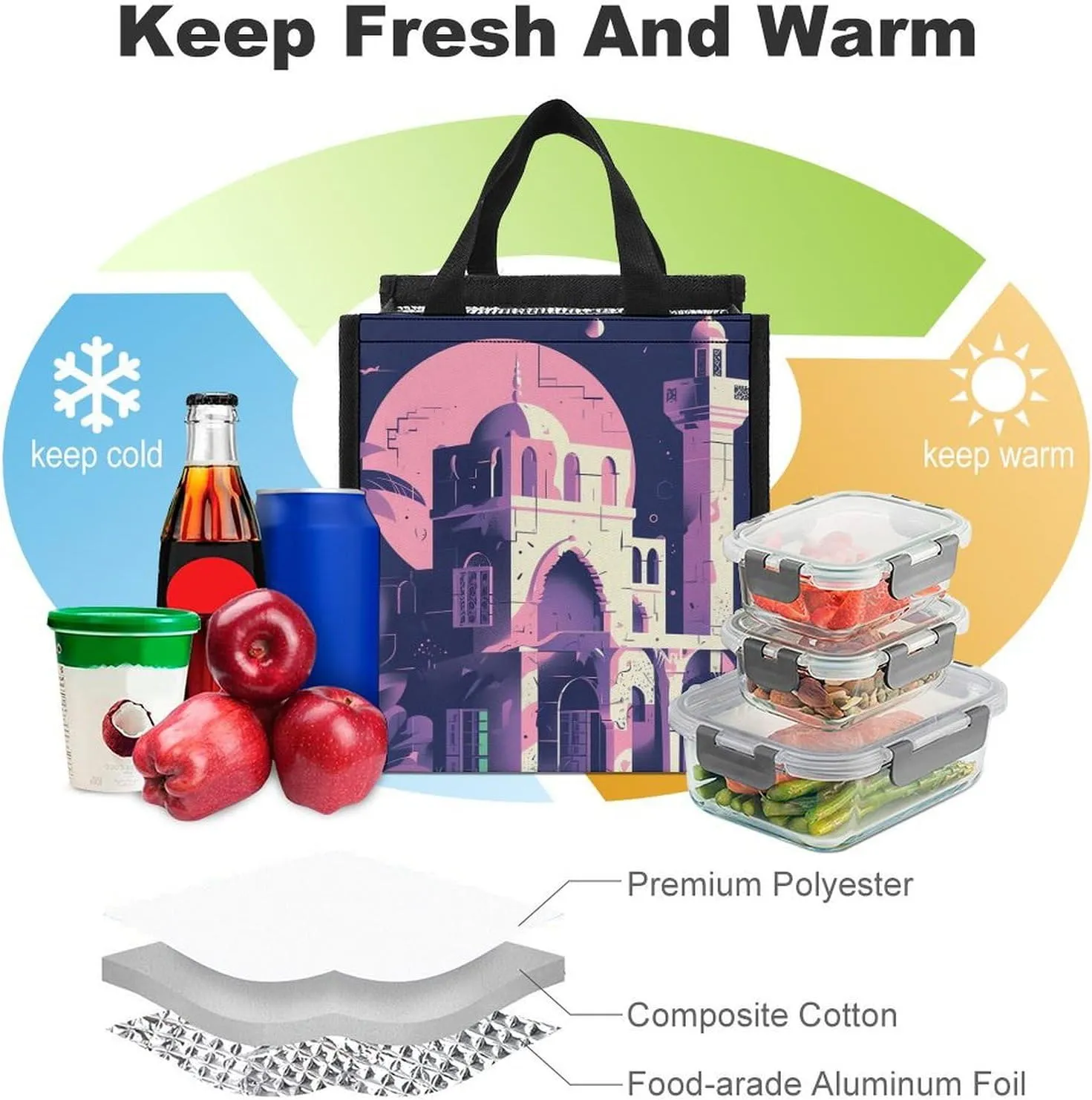 Lunch Bag Reusable Insulated Lunch Box for Women Men Leakproof Cooler Bag Traditional Architecture Portable Lunchbox Adults Small Lunch Tote Bag for Office Work Picnic Travel