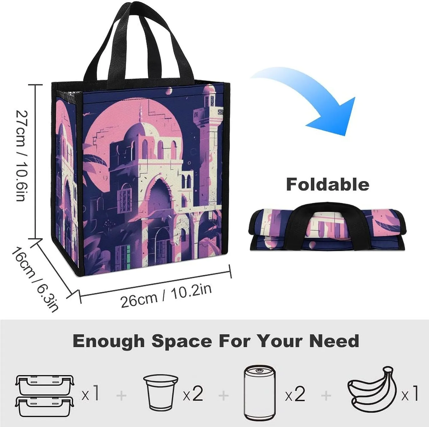 Lunch Bag Reusable Insulated Lunch Box for Women Men Leakproof Cooler Bag Traditional Architecture Portable Lunchbox Adults Small Lunch Tote Bag for Office Work Picnic Travel