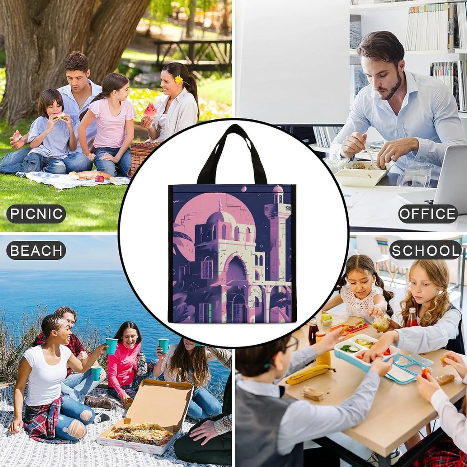 Lunch Bag Reusable Insulated Lunch Box for Women Men Leakproof Cooler Bag Traditional Architecture Portable Lunchbox Adults Small Lunch Tote Bag for Office Work Picnic Travel
