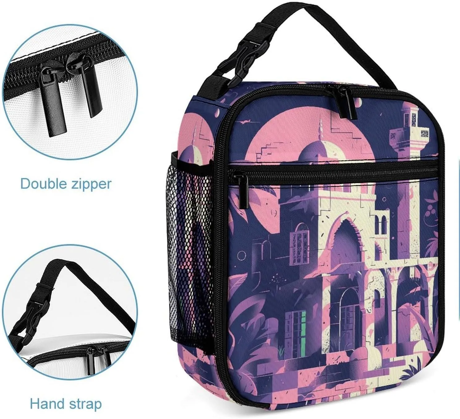Lunch Bag Reusable Insulated Lunch Box for Women Men Leakproof Cooler Bag Traditional Architecture Portable Lunchbox Adults Small Lunch Tote Bag for Office Work Picnic Travel