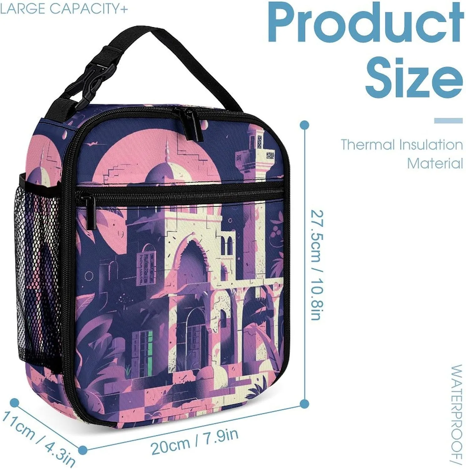 Lunch Bag Reusable Insulated Lunch Box for Women Men Leakproof Cooler Bag Traditional Architecture Portable Lunchbox Adults Small Lunch Tote Bag for Office Work Picnic Travel