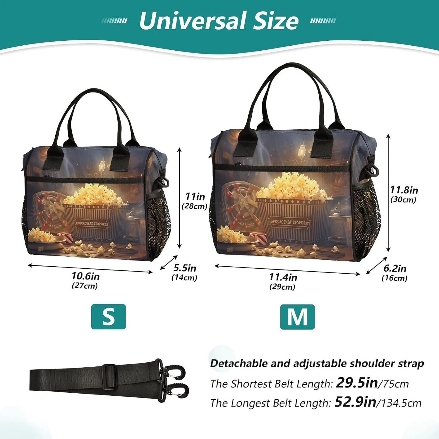 Lunch Bags Popcorn Cinema Insulated Reusable Lunch Box Large Leakproof Adult Lunch Cooler Bag with Adjustable Shoulder Strap for Picnic, Work, Camping,Medium