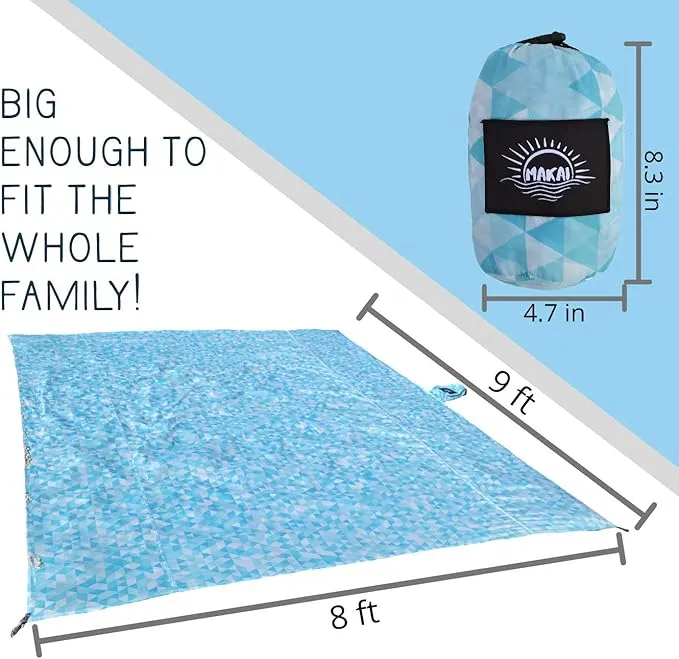 Makai – Lightweight Sheet Style Beach Blanket, Sand Dosen't Stick, Extra Large 8’ x 9’, Compact Strong Parachute Nylon Beach Mat, Stays Cool, Quick Drying, Multifunctional