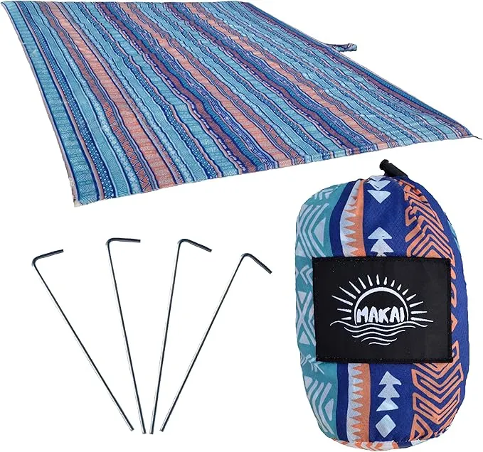 Makai – Lightweight Sheet Style Beach Blanket, Sand Dosen't Stick, Extra Large 8’ x 9’, Compact Strong Parachute Nylon Beach Mat, Stays Cool, Quick Drying, Multifunctional