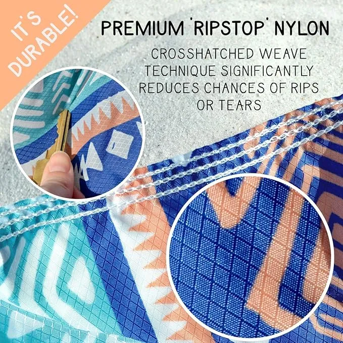 Makai – Lightweight Sheet Style Beach Blanket, Sand Dosen't Stick, Extra Large 8’ x 9’, Compact Strong Parachute Nylon Beach Mat, Stays Cool, Quick Drying, Multifunctional