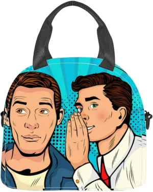 Man whispering gossip secret to his friend Colorful pop art retro Insulated Adult Lunch Bag with Shoulder Strap for Women Lightweight Reusable Portable Freezable Lunch Tote Bag for Work Picnic