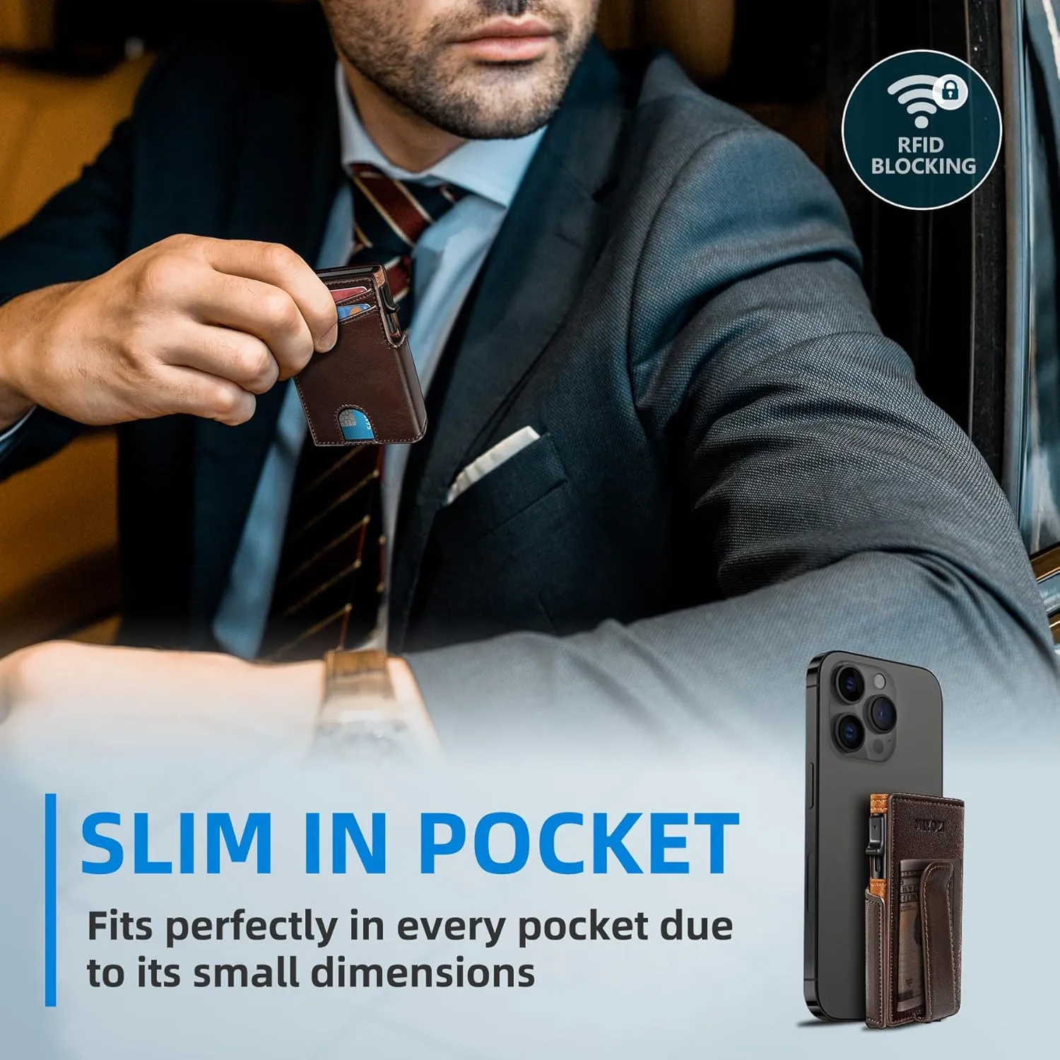 Men Wallet,with Money Clip Coins Pocket ID Window,Slim Front Pocket RFID Blocking Pop-up Card Holder 3.9"x 2.7", Gift Boxed