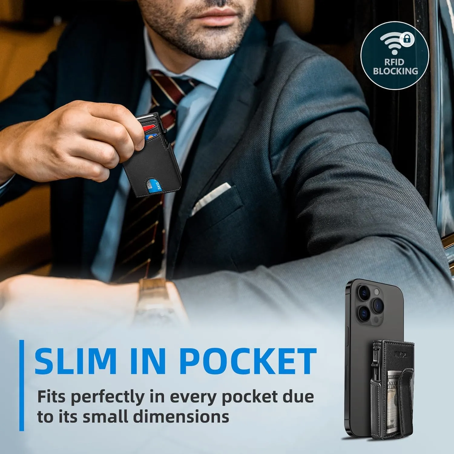 Men Wallet,with Money Clip Coins Pocket ID Window,Slim Front Pocket RFID Blocking Pop-up Card Holder 3.9"x 2.7", Gift Boxed