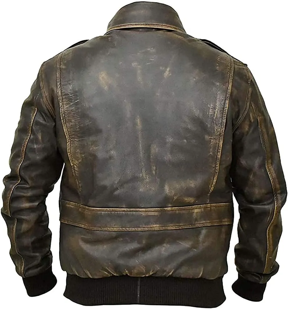 Mens A2 Leather Jacket Air Force Flight Pilot Brown Bomber Leather Outerwear