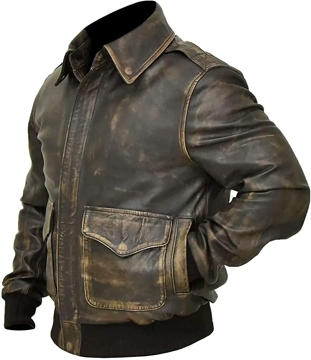 Mens A2 Leather Jacket Air Force Flight Pilot Brown Bomber Leather Outerwear