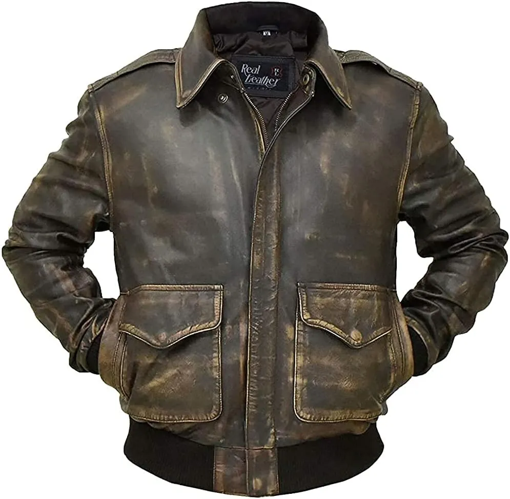 Mens A2 Leather Jacket Air Force Flight Pilot Brown Bomber Leather Outerwear