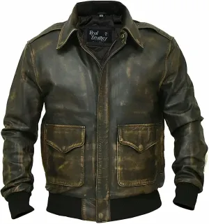 Mens A2 Leather Jacket Air Force Flight Pilot Brown Bomber Leather Outerwear