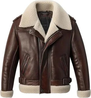 Mens Aviator Jacket Brown Shearling Coat Inspired by Flight Jacket Genuine Leather Jackets