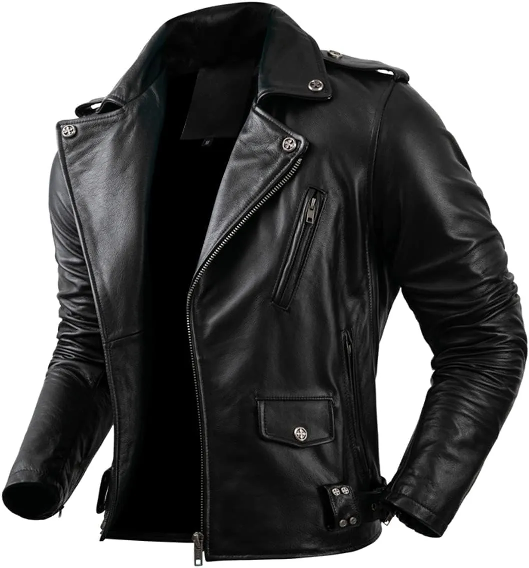 Men’s Brando Biker Black Genuine Cowhide Motorcycle Rider Asymmetric Outfit Fashion Leather Jacket