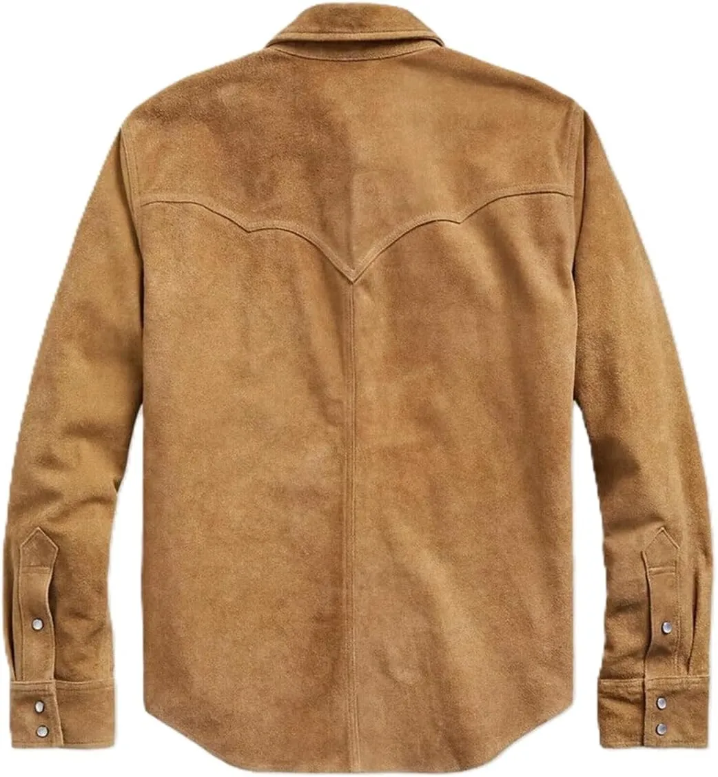 Men's Cowboy Western Roughout Style Soft Suede Leather Shirt - Genuine Suede Journeyman Shacket Jacket Men