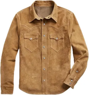 Men's Cowboy Western Roughout Style Soft Suede Leather Shirt - Genuine Suede Journeyman Shacket Jacket Men