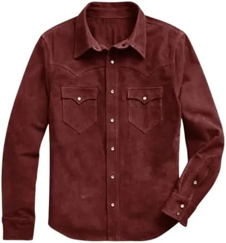 Men's Cowboy Western Roughout Style Soft Suede Leather Shirt - Genuine Suede Journeyman Shacket Jacket Men