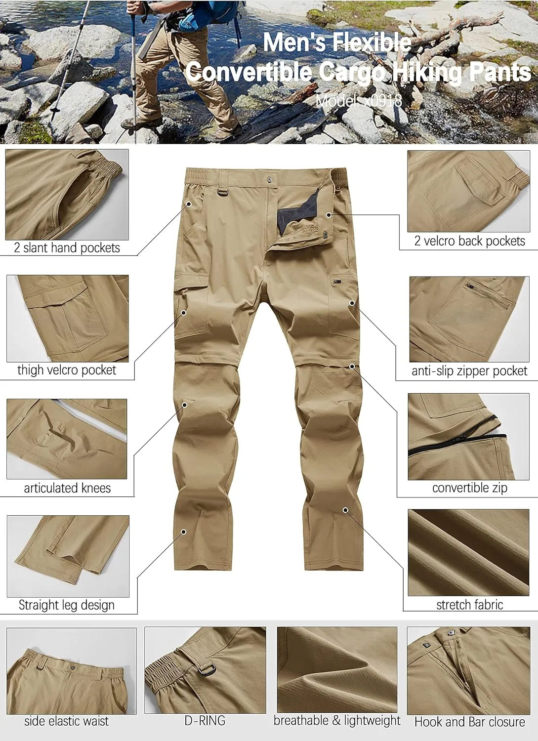 Men's Hiking Pants Convertible Zip Off Lightweight Waterproof Quick Dry Outdoor Fishing Travel Safari Camping