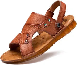 Men's Leather Cross Strap ls, Summer Casual Outdoor Leather Open Toe Beach Slippers, Comfortable Breathable Adjustable Heel Strap Water Shoes