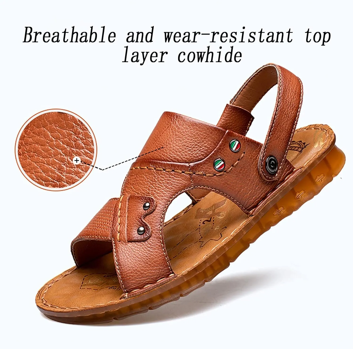 Men's Leather Cross Strap ls, Summer Casual Outdoor Leather Open Toe Beach Slippers, Comfortable Breathable Adjustable Heel Strap Water Shoes