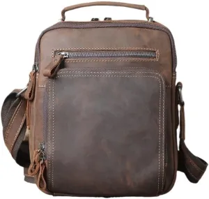 Mens Lightweight Travel Crossbody Bag Leather Adjustable Strap Multi Compartments for Gym Outdoor Weekend Trips