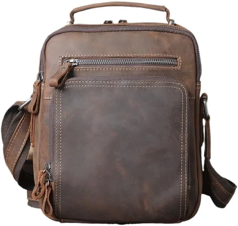 Mens Lightweight Travel Crossbody Bag Leather Adjustable Strap Multi Compartments for Gym Outdoor Weekend Trips