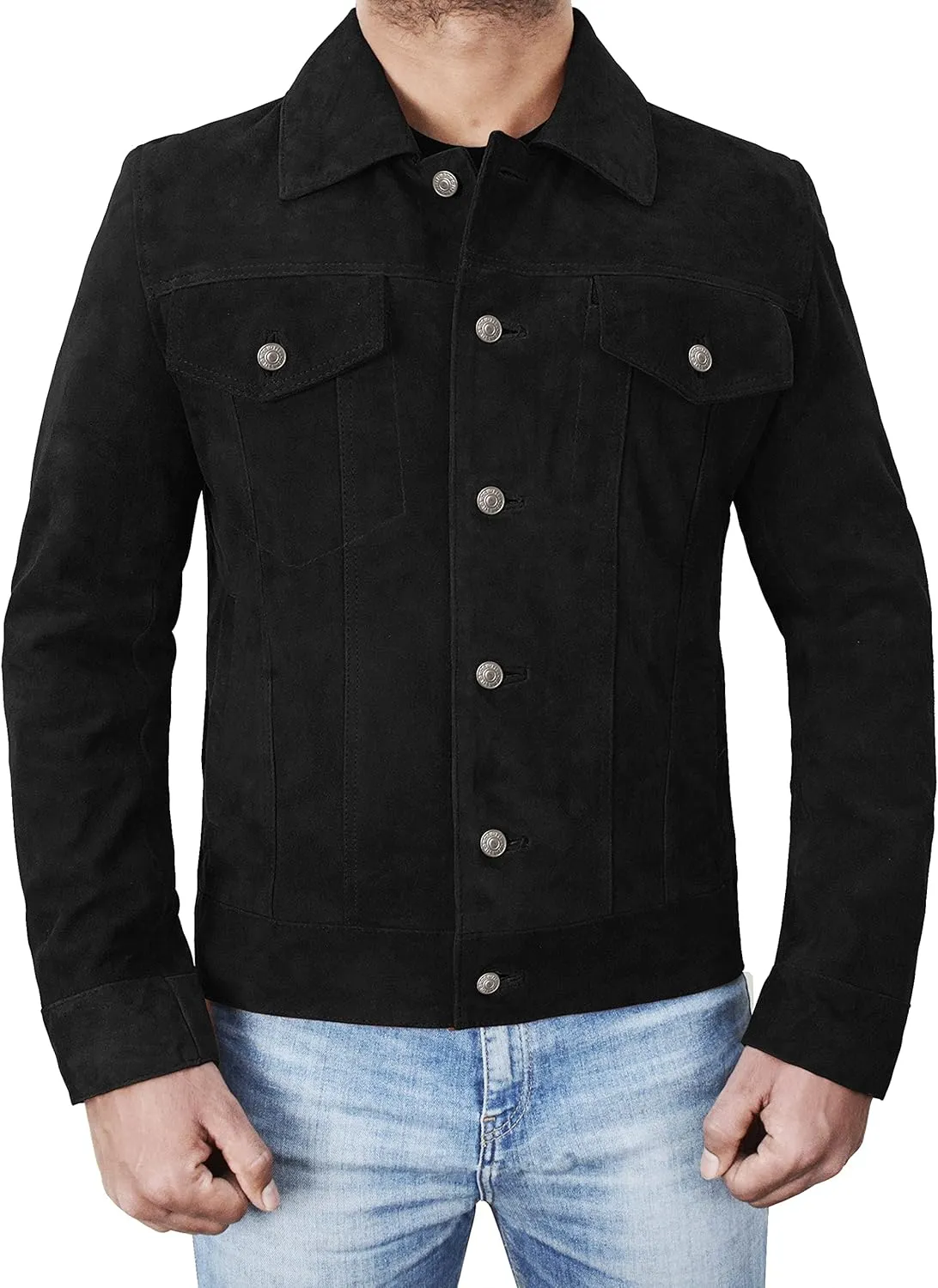 Mens Premium Brown Suede Leather Trucker Jacket - Vintage Classic Motorcycle Western Goat Leather Coat
