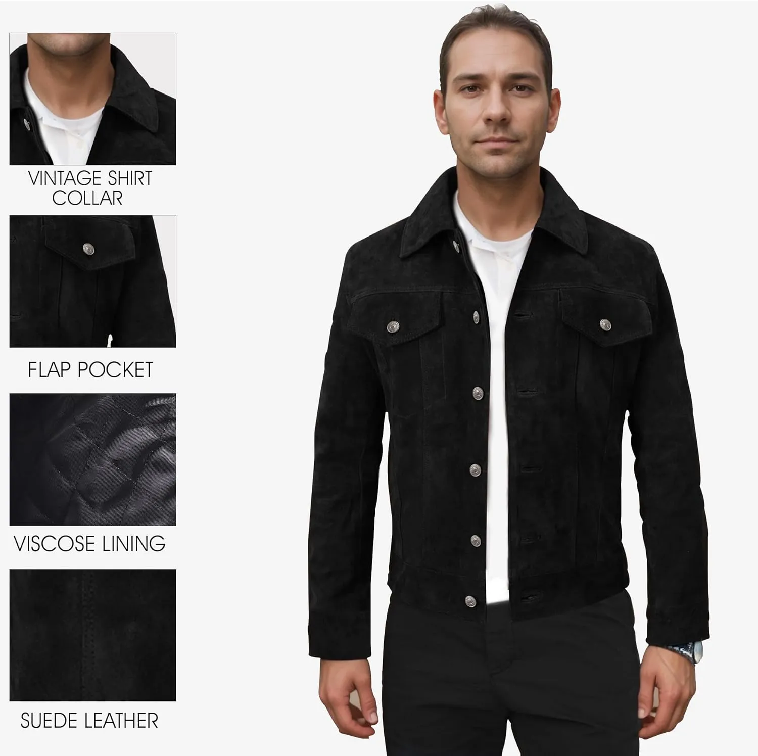 Mens Premium Brown Suede Leather Trucker Jacket - Vintage Classic Motorcycle Western Goat Leather Coat