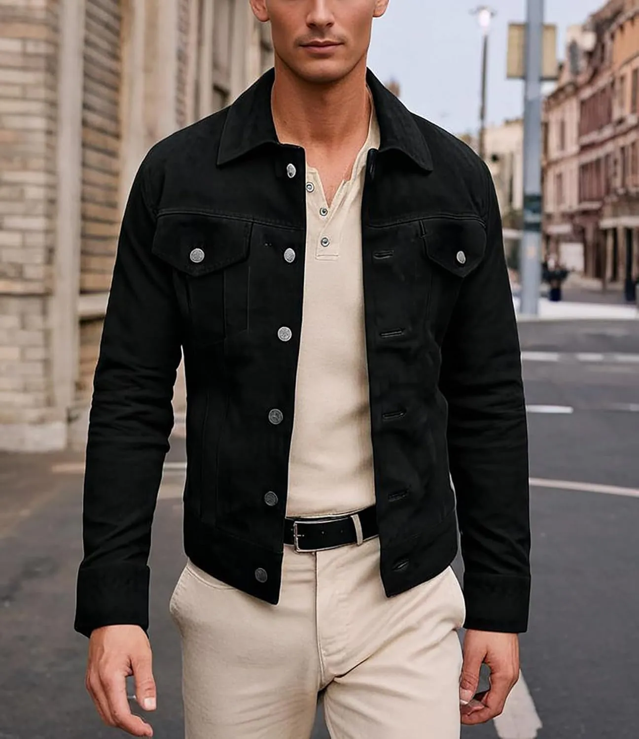 Mens Premium Brown Suede Leather Trucker Jacket - Vintage Classic Motorcycle Western Goat Leather Coat
