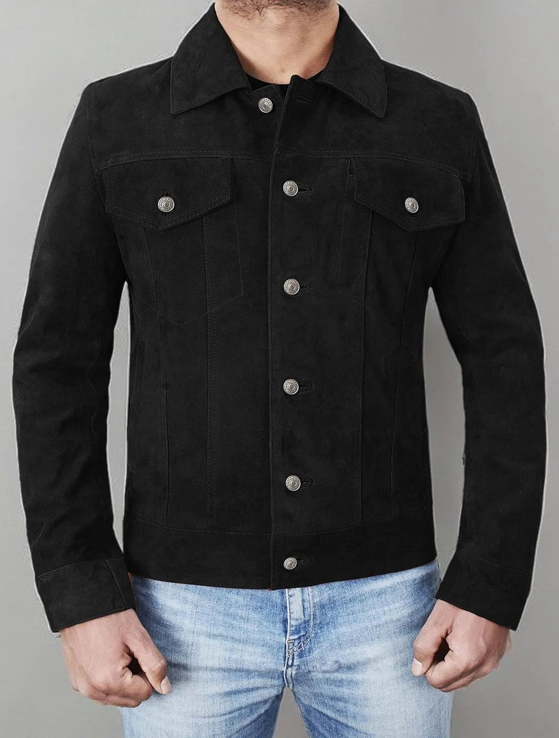Mens Premium Brown Suede Leather Trucker Jacket - Vintage Classic Motorcycle Western Goat Leather Coat