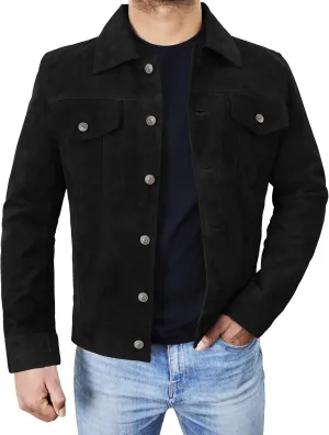 Mens Premium Brown Suede Leather Trucker Jacket - Vintage Classic Motorcycle Western Goat Leather Coat