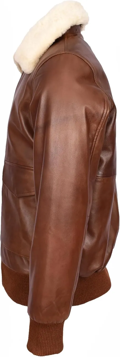 Mens Premium Leather Aviator Bomber Jacket Detachable Collar G-1 Pilot Style Luca Tan