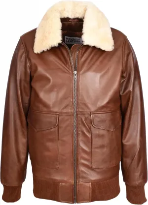 Mens Premium Leather Aviator Bomber Jacket Detachable Collar G-1 Pilot Style Luca Tan