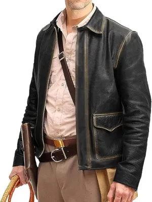Men's Raiders of The Lost Harrison Jones Vintage Black Brown Bomber Leather Jacket Genuine Cowhide Distressed Leather Jacket (US, Alpha, Small, Regular, Regular, Distressed Black)