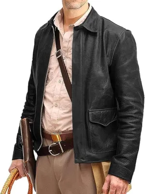 Men's Raiders of The Lost Harrison Jones Vintage Black Brown Bomber Leather Jacket Genuine Cowhide Distressed Leather Jacket (US, Alpha, XX-Large, Regular, Regular, Black)