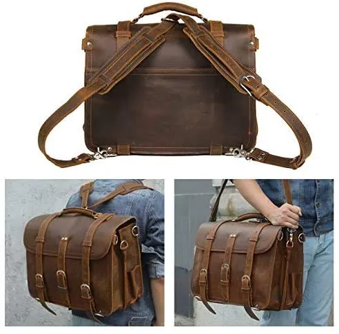 Men's Retro Full Grain Leather 16'' Briefcase Shoulder Messenger Bag Fit 16 Laptop (2019 Version)