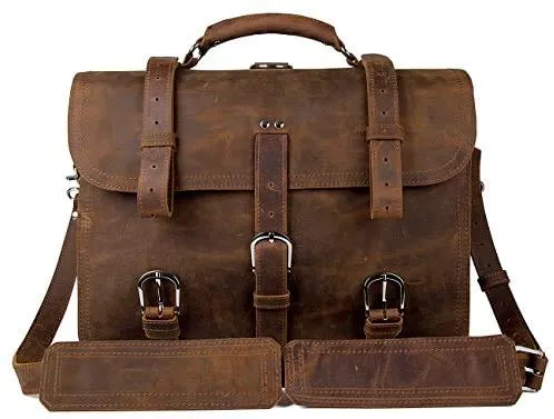 Men's Retro Full Grain Leather 16'' Briefcase Shoulder Messenger Bag Fit 16 Laptop (2019 Version)