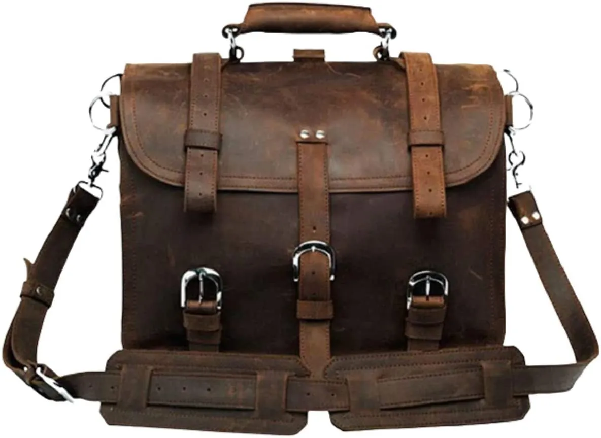 Men's Retro Full Grain Leather 16'' Briefcase Shoulder Messenger Bag Fit 16 Laptop (2019 Version)