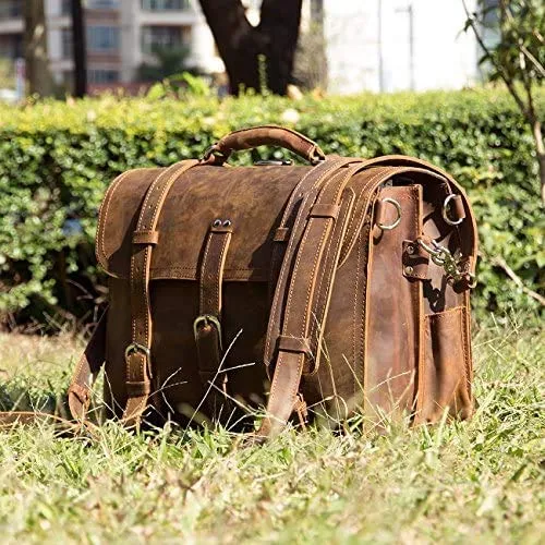 Men's Retro Full Grain Leather 16'' Briefcase Shoulder Messenger Bag Fit 16 Laptop (2019 Version)