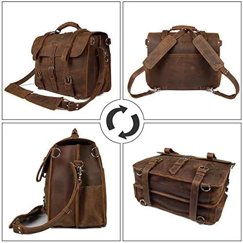 Men's Retro Full Grain Leather 16'' Briefcase Shoulder Messenger Bag Fit 16 Laptop (2019 Version)