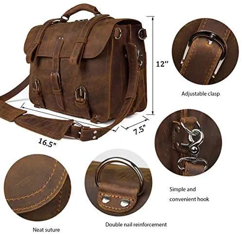 Men's Retro Full Grain Leather 16'' Briefcase Shoulder Messenger Bag Fit 16 Laptop (2019 Version)