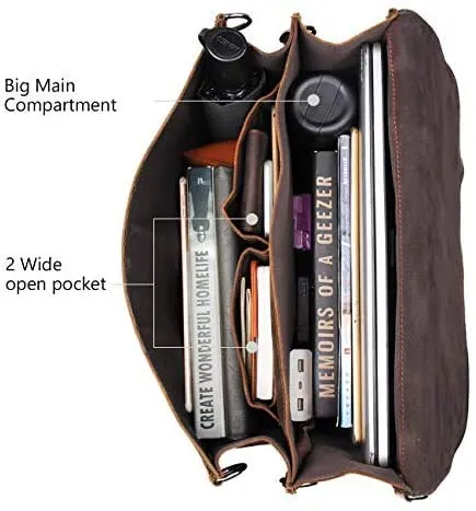 Men's Retro Full Grain Leather 16'' Briefcase Shoulder Messenger Bag Fit 16 Laptop (2019 Version)