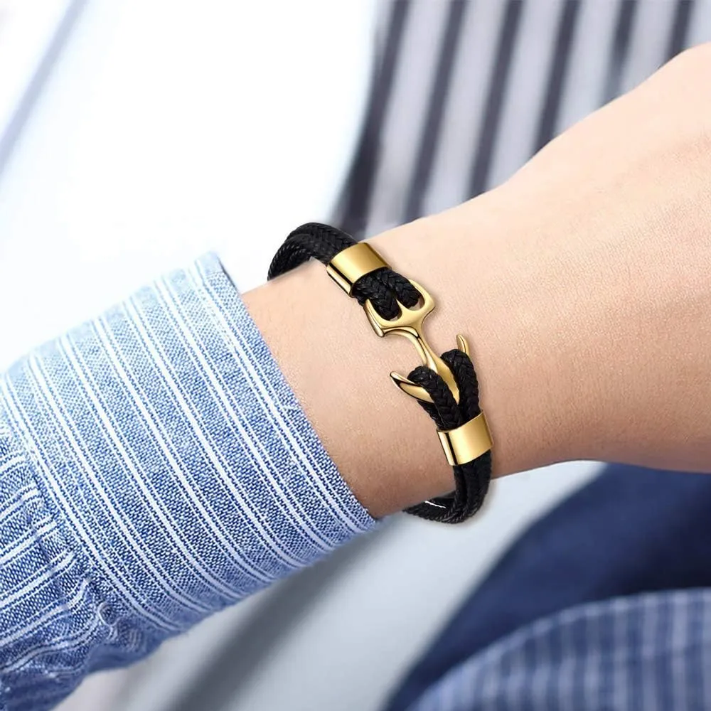MicLee Men's Vintage Anchor Leather Bracelet Multilayer Bracelet Cuff Wrap Rope Wristband with Gift Box
