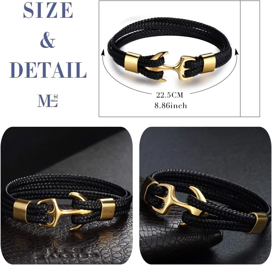 MicLee Men's Vintage Anchor Leather Bracelet Multilayer Bracelet Cuff Wrap Rope Wristband with Gift Box