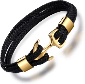 MicLee Men's Vintage Anchor Leather Bracelet Multilayer Bracelet Cuff Wrap Rope Wristband with Gift Box