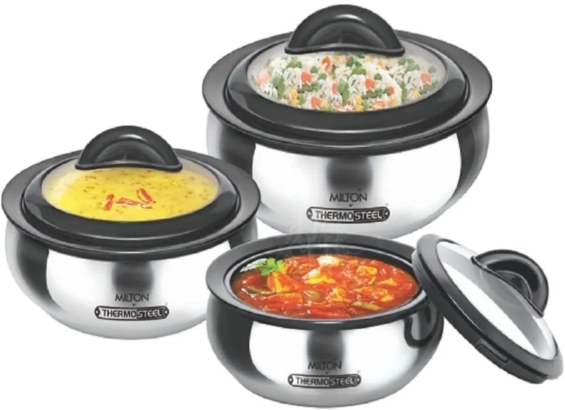 Milton Clarion Jr Stainless Steel Gift Set Casserole with Glass Lid, Set of 3,Steelplain