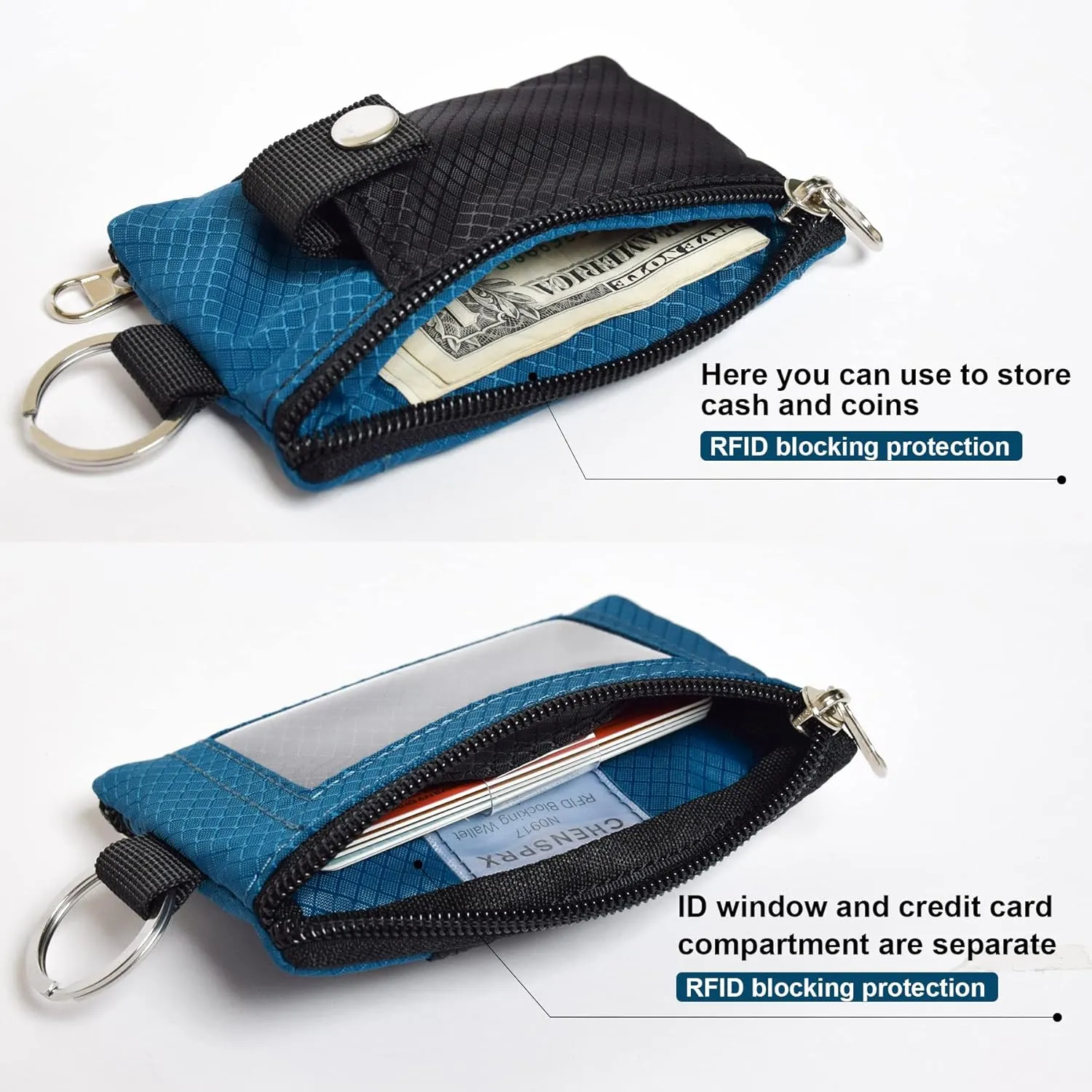 Minimalist RFID Blocking Small Wallet with ID Window,WaterResistant Zip Id Case Wallet with Lanyard Keychain for Cards,Cash,Travel,Women,Men (GreenOnion DarkGreen)