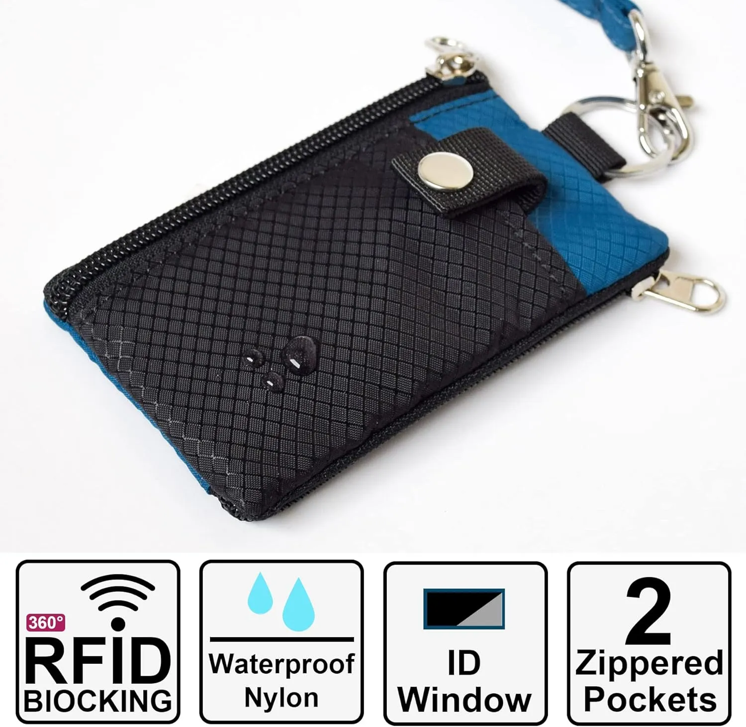 Minimalist RFID Blocking Small Wallet with ID Window,WaterResistant Zip Id Case Wallet with Lanyard Keychain for Cards,Cash,Travel,Women,Men (GreenOnion DarkGreen)